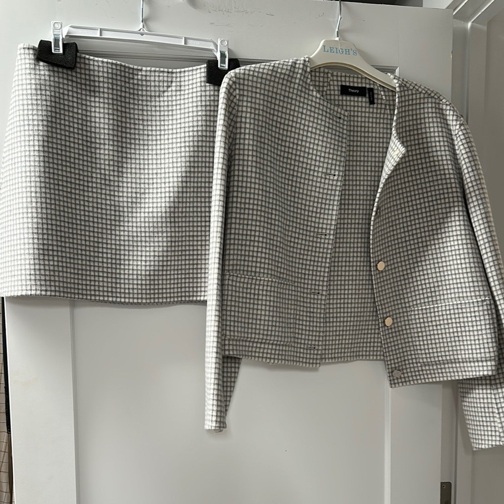 Theory Gray Checkered Skirt and Jacket Set